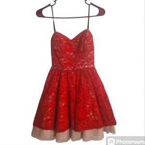 B.DARLIN, Red, glittery lace over L.beige dress w/ spaghetti straps. Size 7/8